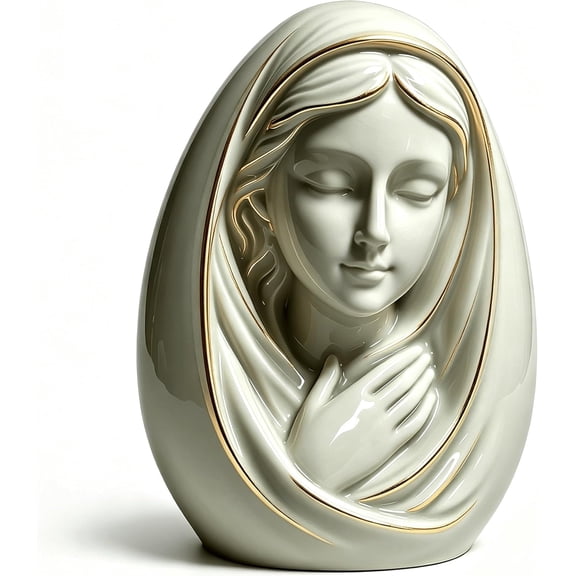 Egg-Shaped Ceramic Virgin Mary Figurine, 5.9 Inch Religious Tabletop Statue with Gold Accents for Shelf, Mantel, Desk, Prayer Table Decor
