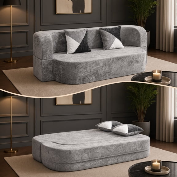Egg-Shaped Convertible Sofa Bed, Boneless Sleeper Couch with Plush Fabric, No Assembly, for Living Room Bedroom Apartment Guest Room, Charcoal Grey