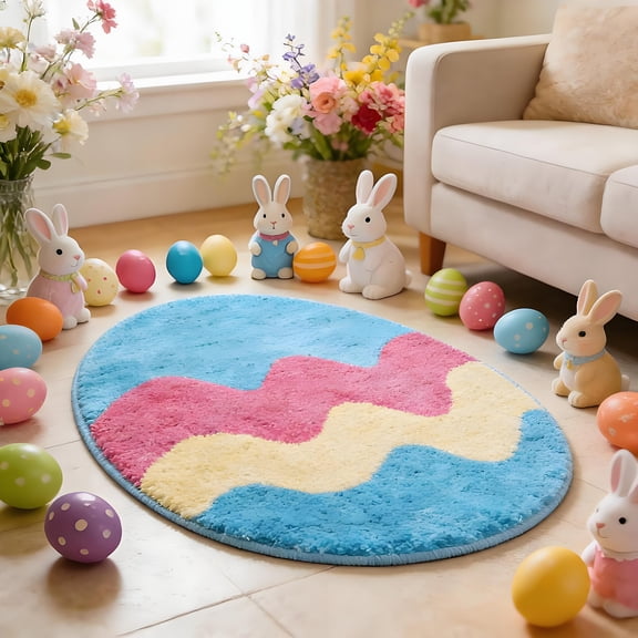 Egg Shaped Floor Mat, Easter Color Mat for Bedroom and Porch, Festive Home Decoration for Hallway and Dorm, Soft Absorbent Area Rug for Spring Season and Holiday Interior Accent, by UKHCCC