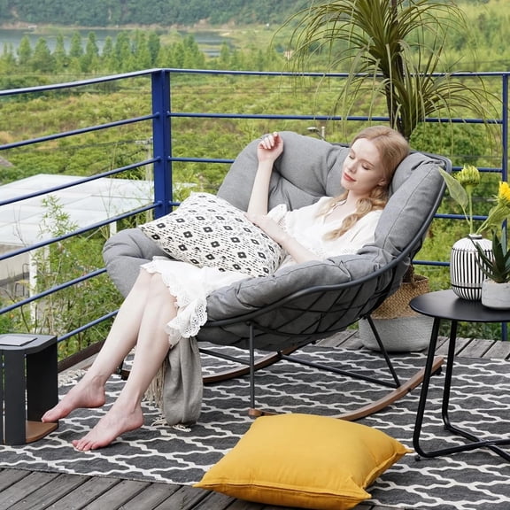 Egg-Shaped Rocking Chair Indoor &Outdoor, E-Coated Papasan Rocking Chair with Cushion, Super Comfortable Leisure Chair for Living Romm, Patio, Porch, Garden, Backyard, Grey