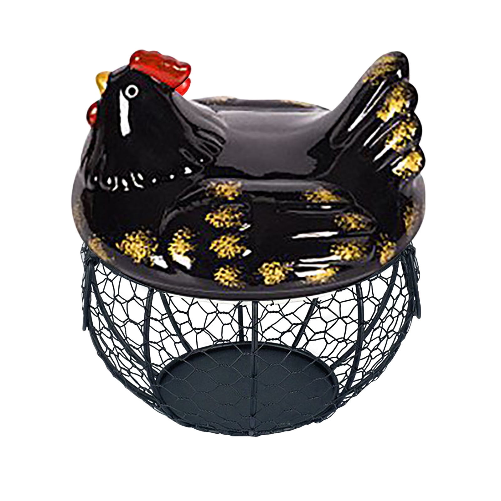 Egg Storage Basket with Chicken Design Ceramic Lid, Iron Basket Holds 20-25 Eggs, Egg Holder, Wire Organizer Case For Eggs, Fruits, Vegetables, Countertop, Farmhouse Rustic Style