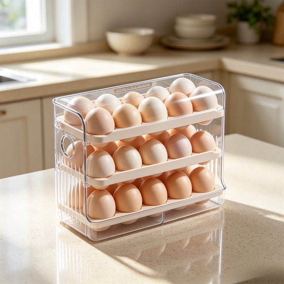 Egg Storage Box, 30 Grid Refrigerator Egg Organizer Bin with Clear Visible Window for Countertop Pantry Food Preservation, Stackable Plastic Space Saving Chicken Egg Container for Kitchen Fridge
