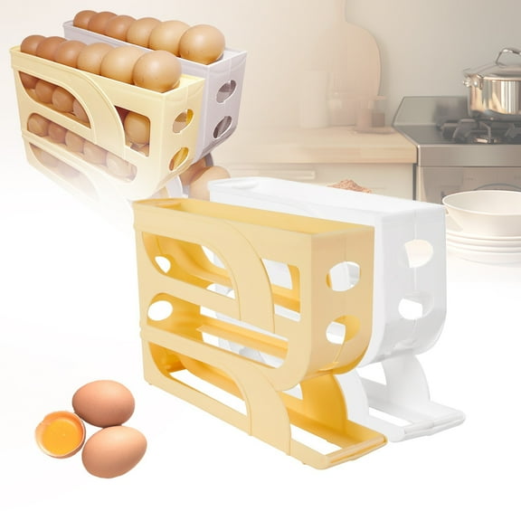 Egg Storage Box 4 Layer Automatic Rolling Egg Storage Box Slide Type Refrigerator Side Door Organizer for Kitchen Countertop(Yellow,1-Piece) Rkxzt
