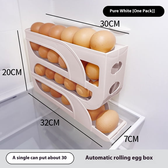 Egg Storage Box - 4-Layer Slide Type Automatic Rolling Dispenser, Refrigerator Side Door Egg Organizer for Kitchen Countertop ( White )