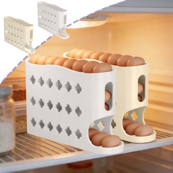 Egg Storage Box Refrigerator Organizer, Rolling Slide Type Plastic Egg Tray with Removable Lid and Snap Lock, Transparent Beige Kitchen Door Shelf Bracket, Vsgery