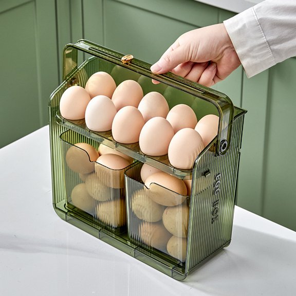 Egg Storage Container Organizer | Stackable Plastic Egg Tray with Handle, Freshness Timer, 2-Tier Design, White/Green, Holds 20 Eggs, Fridge & Countertop Small Food Storage Box