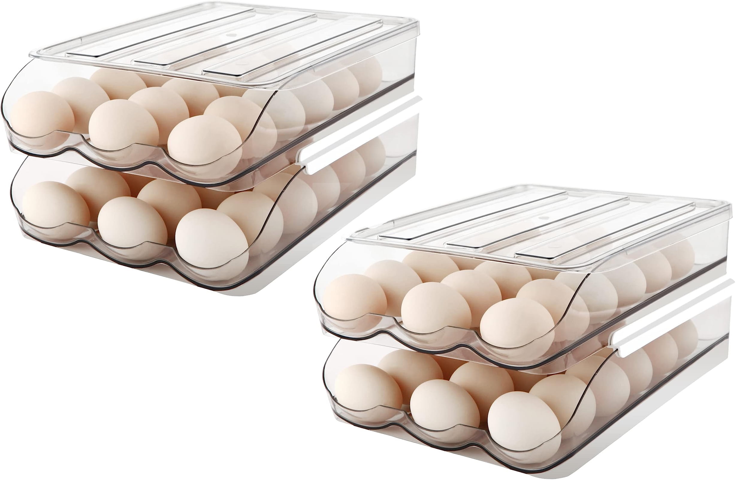 Egg Storage Container for Refrigerator – 2-Pack (Set of 2 Each, 4 Containers Total), Auto-Rolling 2-Layer Egg Holder, Stackable Clear Organizer, Holds 18 Eggs Per Layer 72 Eggs Total