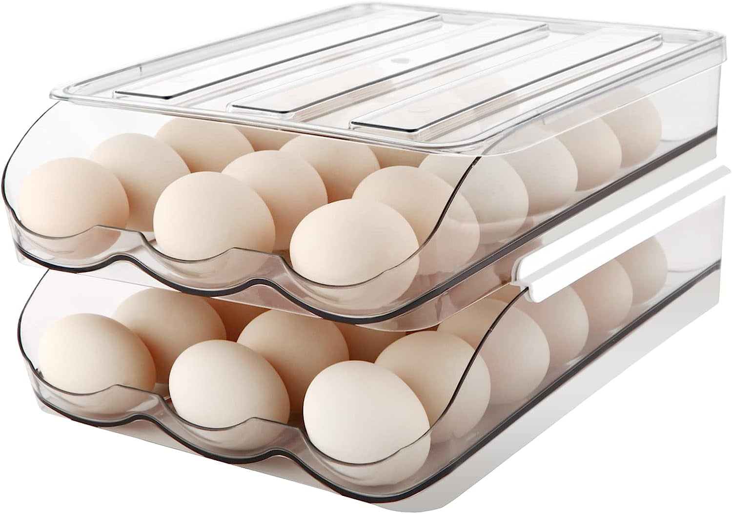Egg Storage Container for Refrigerator – Set of 2 Auto-Rolling 2-Layer Egg Holders, Stackable Clear Organizer, Holds 18 Eggs Each 36 Eggs Total