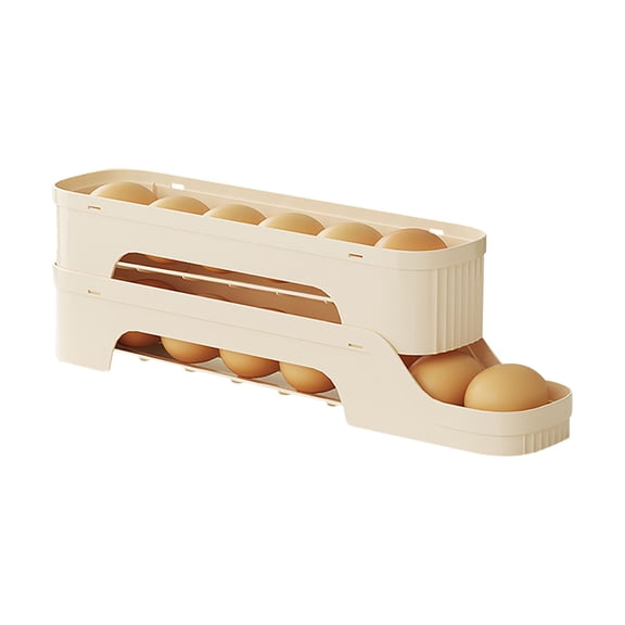 Egg Storage Egg Storage Container - 2-Layer Automatic Rolling Egg Dispenser for Refrigerator Door, Space Saving Oval Egg Tray, Kitchen Organizer, Transparent Plastic, Beige Color, Holds Eggs Secure