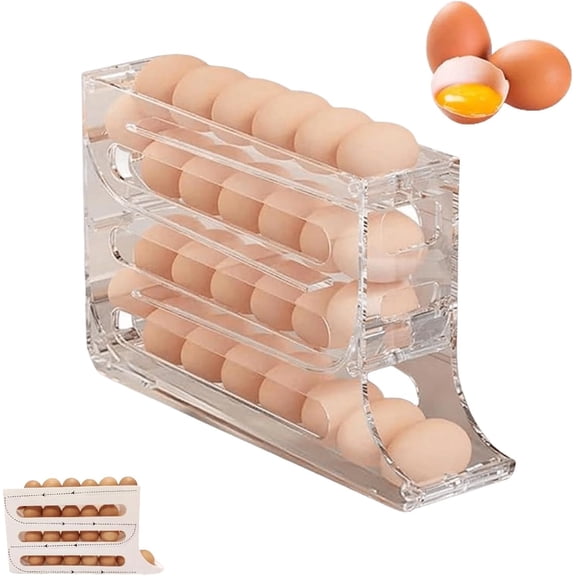 Egg Storage Rack for Fridge | Auto Rolling Fridge Egg Holder Rack for Kitchen | Egg Tray Organizer | 4 Tiers Tilted Design Container for Eggs (Gray)
