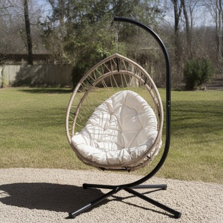 Egg Swing Chair with Metal Stand, Wicker Hanging Chair with Soft Cushion and Ergonomic Backrest, Weight Capacity 350LBS, Outdoor Hammock Egg-shaped Chair for Patio, Bedroom, Living Room, Beige