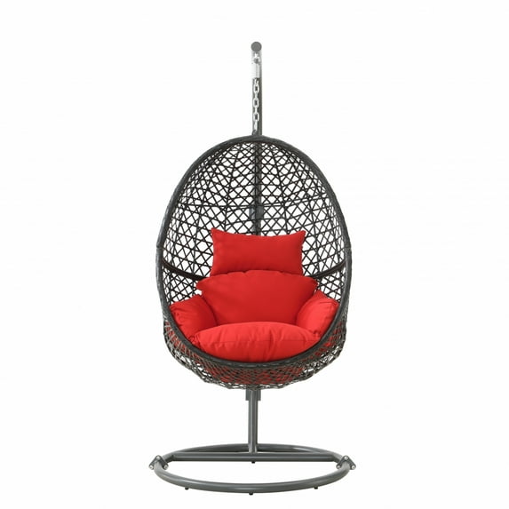 Egg Swing Chair Set, Patio PE Rattan Swing Chair with Round Metal Stand and Soft Cushion, Outdoor Indoor Hanging Chair with Chain for Kids Adults, 330 Lbs Weight Capacity, Red