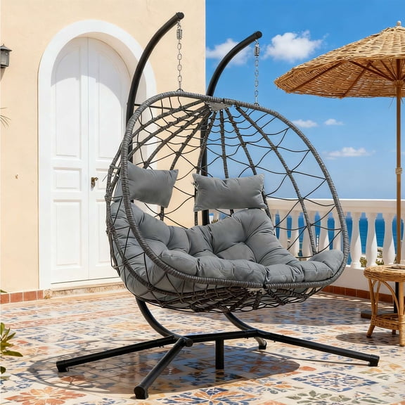 Egg Swing Chair with Stand, 2 Person Hanging Hammock Chair Heavy Duty 700lbs Capacity Metal Iron Frame Polyester Removable Cushion for Indoor Outdoor Garden Patio
