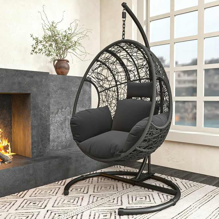 Egg Swing Chair with Stand up to 400lbs Oversized Outdoor Hanging Egg Chair with Extra Large Round Base All Weather Wicker Rain Cover Waterproof Cushion UV Resistant Gey Walmart