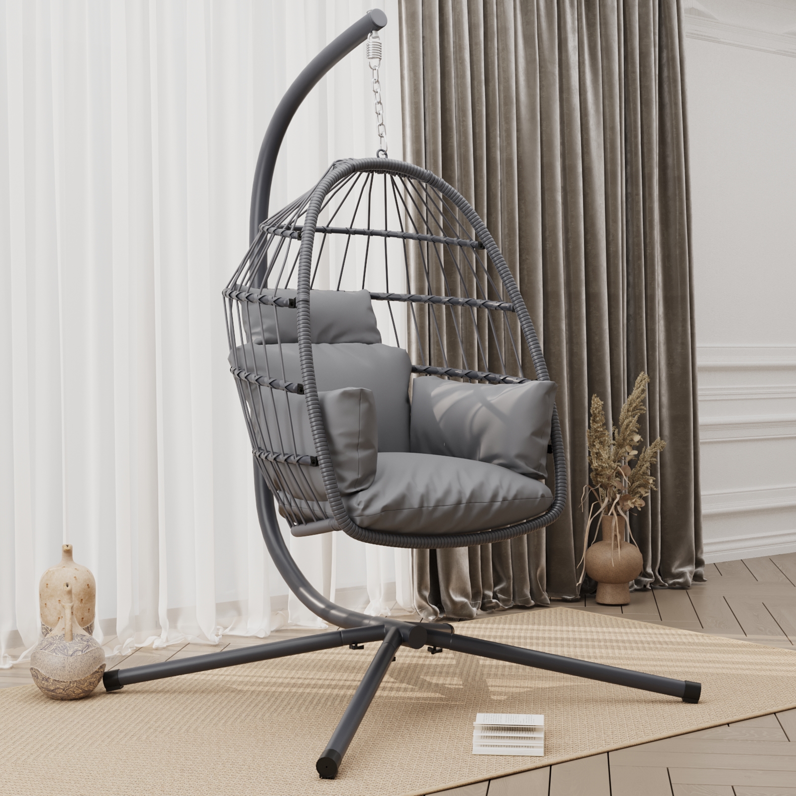 Barton Hanging Egg Swing Chair UVResistant Soft Cushion Large Basket Patio Seating, Beige