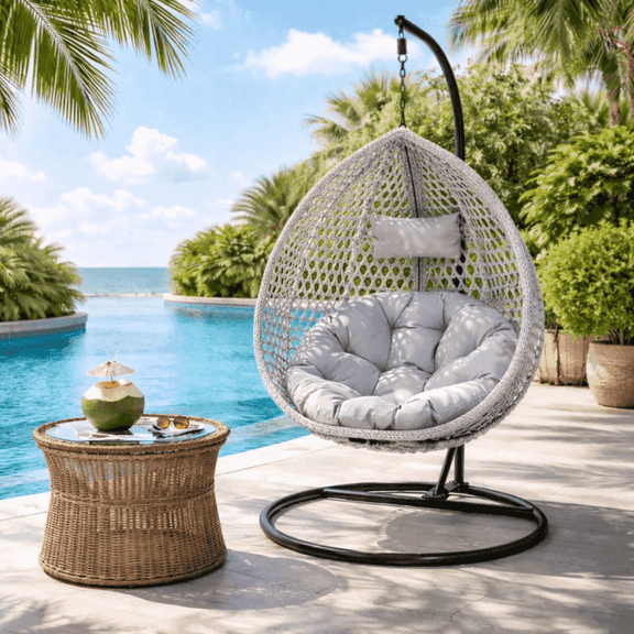 Hanging Egg Swing Chair, 77 inch Grey Metal with Stand and Cushion for Patio