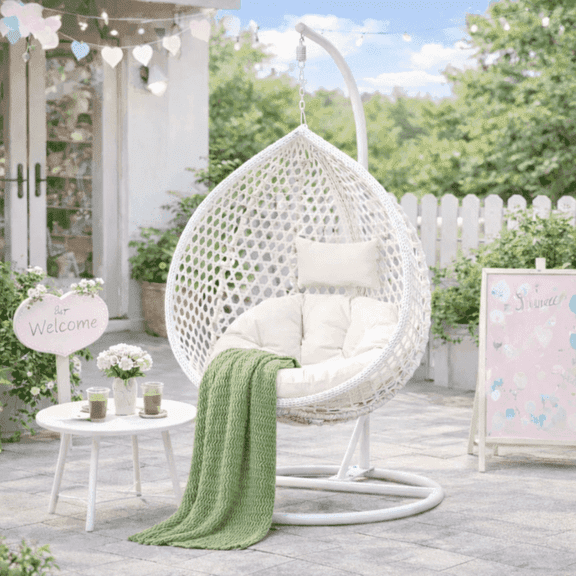 Egg Swing Chair with Stand, White Hanging Wicker Chair with Cushion and Pillow, Metal Frame for Patio Balcony Backyard Bedroom