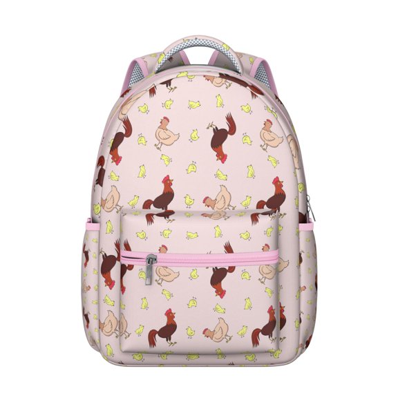 Egg and Chick Cartoon Student Backpack Chicken Farm Animal Rustic Print Bookbag for Student Coop Cluck Pattern Design