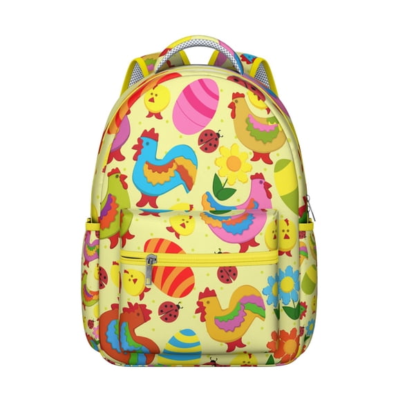 Egg and Chick Cartoon Student Backpack Chicken Farm Animal Rustic Print Bookbag for Student Coop Cluck Pattern Design