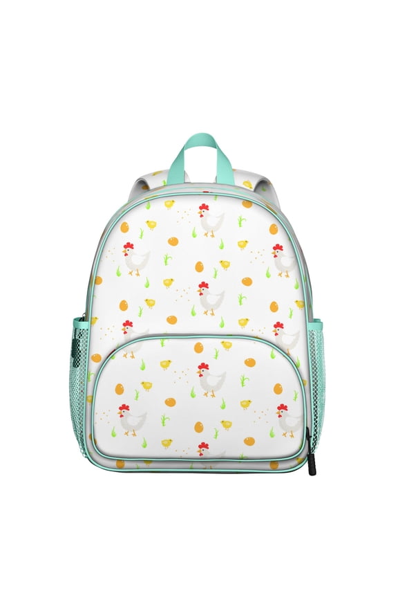 Egg and Chick Pattern Student Backpack – Rooster, Hen, Cluck, Coop Print with Floral Garden Wildflowers and Country Farm Aesthetic