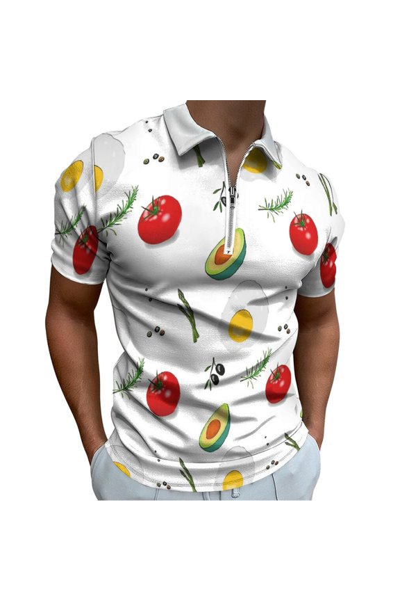 Egg,avocado And Tomato Pattern Men Zipper T-shirt Summer Casual Short Sleeve T-shirt Top