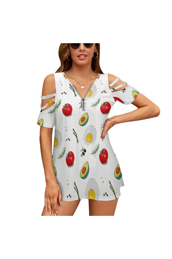 Egg,avocado And Tomato Pattern Womens Summer V Neck Zipper Top Short Sleeve T Shirt Off Shoulder Top Casual Classy Loose Shirts