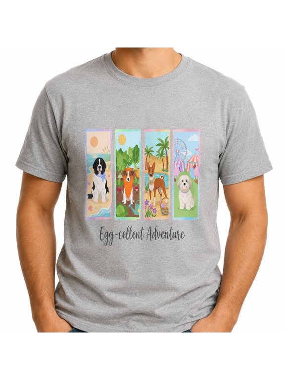 Egg-cellent Adventure Graphic T-Shirt, Easter Dogs Spring Unisex Tee, Heather Gray, Size S