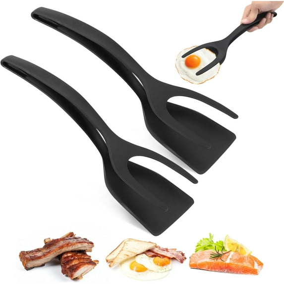 Egg flipper spatula tongs Set of 2 PCS - 2 in 1 Grip and Flip Spatula Tong Multi-purpose Use Non-Stick kitchen flipper spatula for Bread Fish Pancake Toast Home Kitchen Cooking Tool (Black + Red)