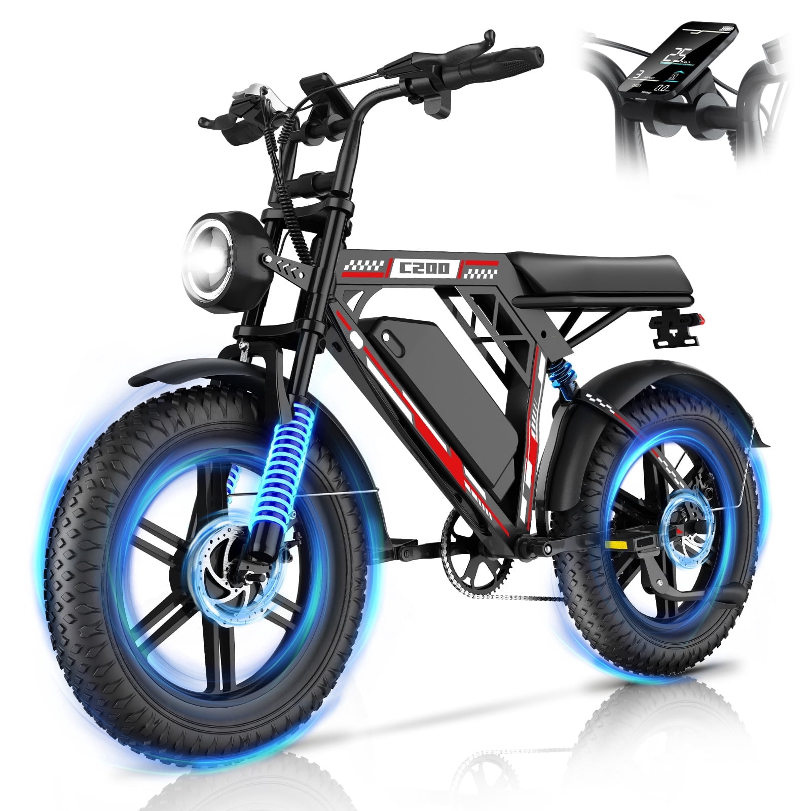 EggKing C200 1000W Electric Bike for Adults, 20" Fat Tire E-Mountain Bikes, 48V 17.5Ah 31MPH Electric Bicycle, Full Suspension UL2849 Black