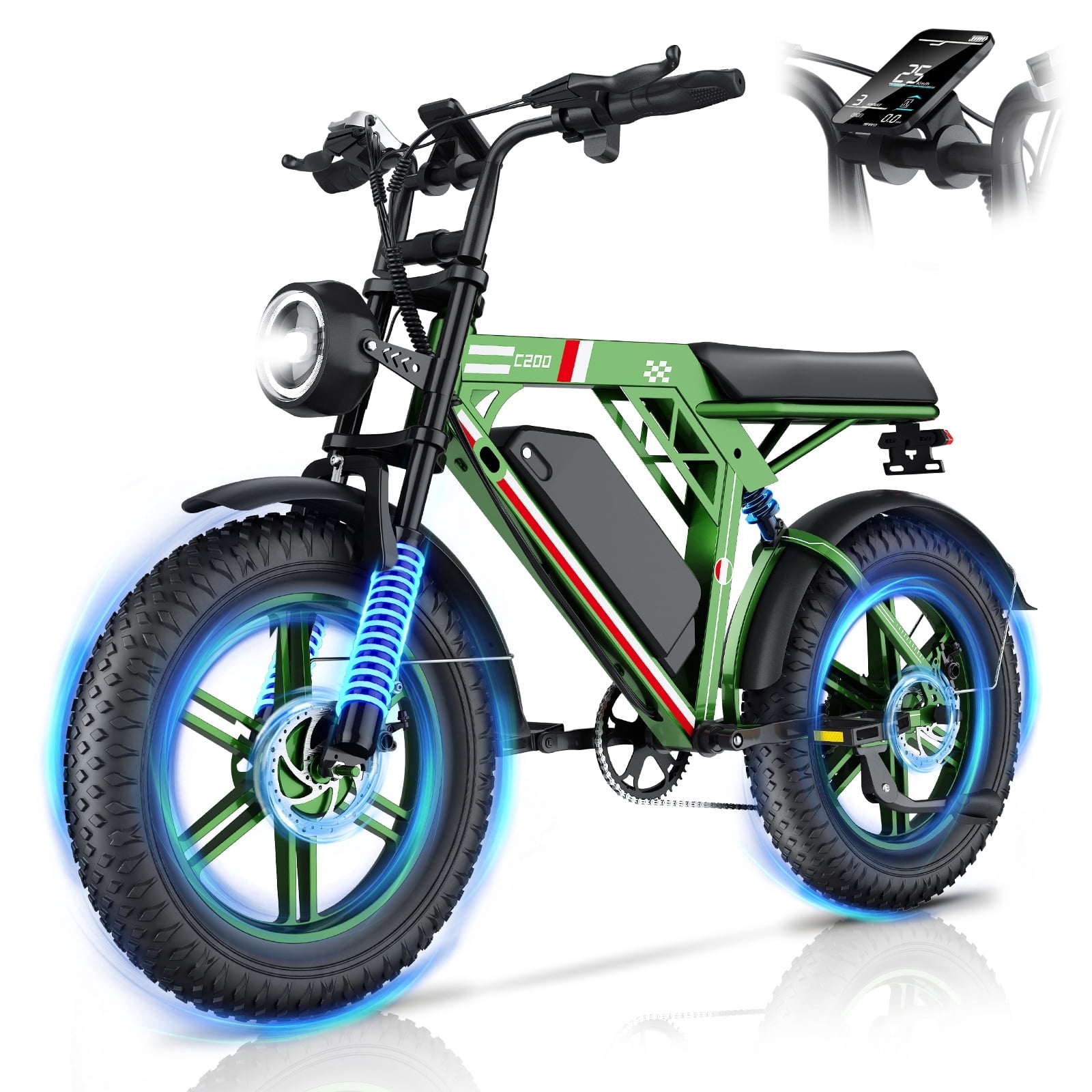 EggKing C200 1000W Electric Bike for Adults, 20" Fat Tire E-Mountain Bikes, 48V 17.5Ah 31MPH Electric Bicycle, Full Suspension UL2849 Green