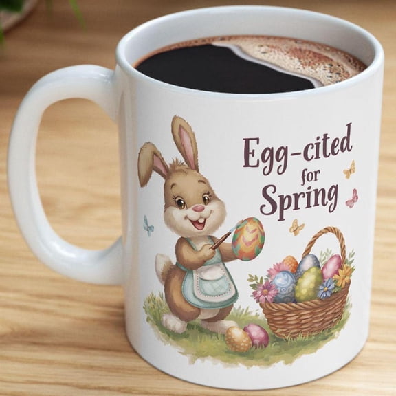 Eggcited for Spring Mug, Easter Bunny Rabbit Pastel Floral Coffee Cup Gift