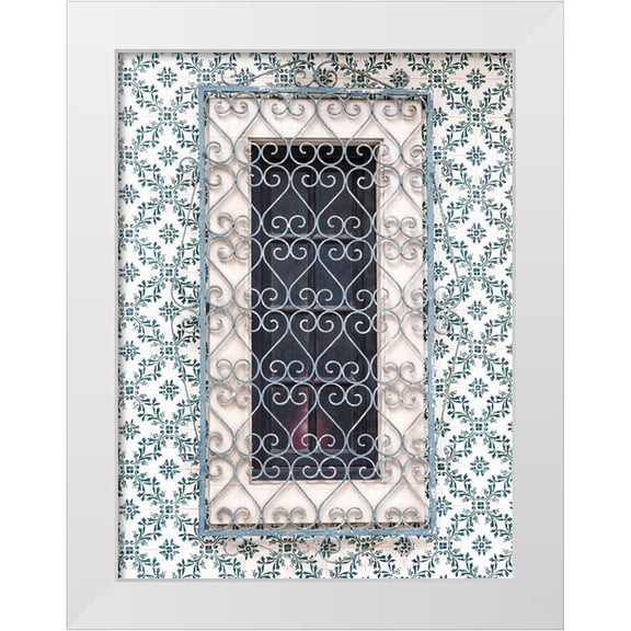 Eggers, Julie 12x14 White Modern Wood Framed Museum Art Print Titled - Portugal-Aveiro-Shuttered window on tiled wall with wrought iron covering