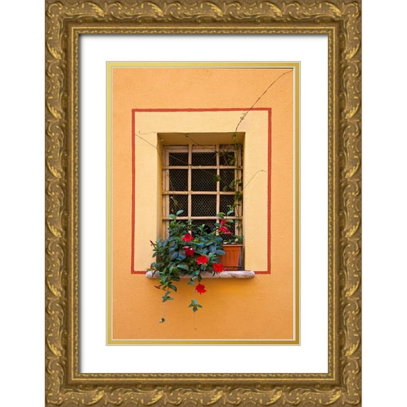 Eggers, Julie 13x18 Gold Ornate Wood Framed with Double Matting Museum Art Print Titled - Italy-Tuscany-Montepulciano Potted plant on a windowsill in the hill town of Montepulciano