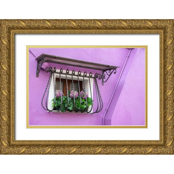 Eggers, Julie 14x11 Gold Ornate Wood Framed with Double Matting Museum Art Print Titled - Italy-Venice-Burano Island Potted hydrangeas on a window sill of a lavender house