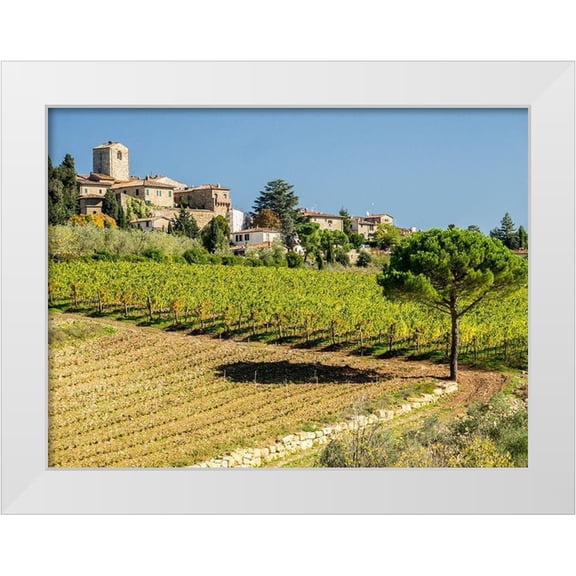 Eggers, Julie 14x12 White Modern Wood Framed Museum Art Print Titled - Italy-Chianti Tuscan homes in the town of Panzano with vineyard below