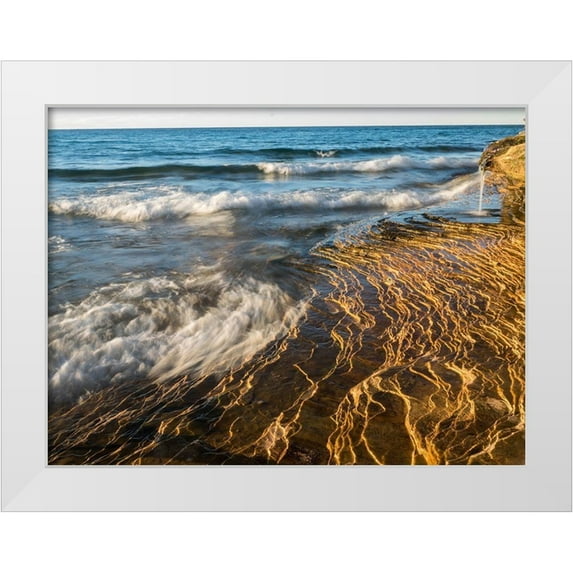 Eggers, Julie 14x12 White Modern Wood Framed Museum Art Print Titled - Michigan-Upper Peninsula Waterfall and sandstone rock-Pictured Rocks National Lakeshore-Michigan