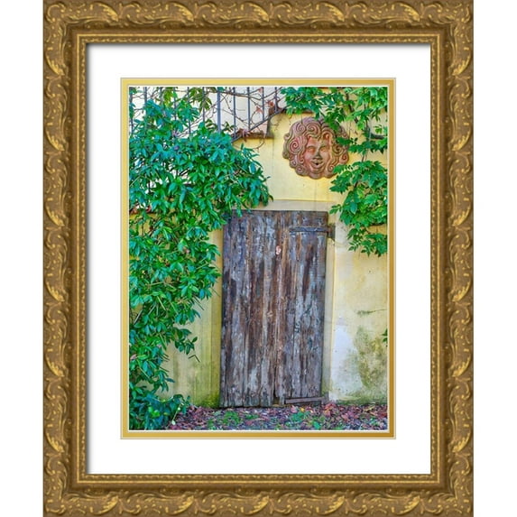 Eggers, Julie 15x18 Gold Ornate Wood Framed with Double Matting Museum Art Print Titled - Italy-Chianti Old wooden door beneath a stairway with climbing vines and pottery art work