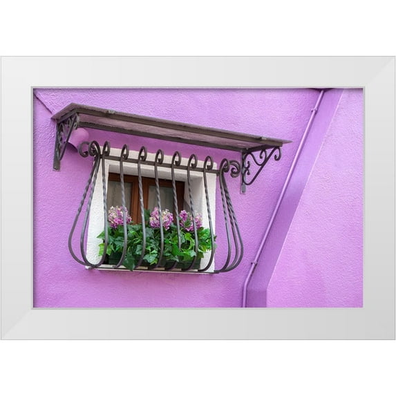 Eggers, Julie 18x13 White Modern Wood Framed Museum Art Print Titled - Italy-Venice-Burano Island Potted hydrangeas on a window sill of a lavender house