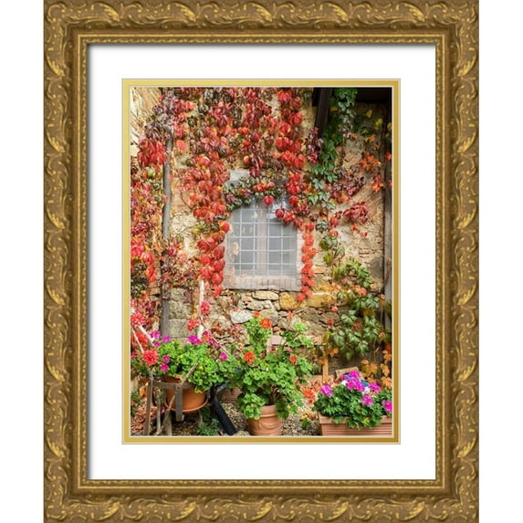 Eggers, Julie 19x24 Gold Ornate Wood Framed with Double Matting Museum Art Print Titled - Italy-Chianti Potted pink geraniums and fall colored climbing vine on the exterior stone wall