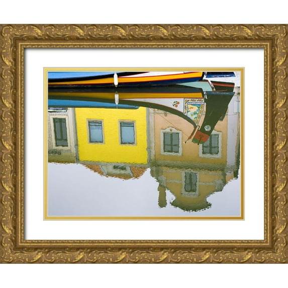 Eggers, Julie 24x19 Gold Ornate Wood Framed with Double Matting Museum Art Print Titled - Portugal-Aveiro-Reflection of colorful buildings and painted Moliceiro boats in the canal