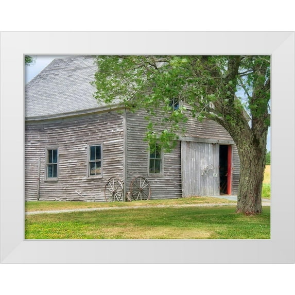 Eggers, Julie 24x19 White Modern Wood Framed Museum Art Print Titled - Maine Historic Stone Barn Farm (1820) in Bar Harbor