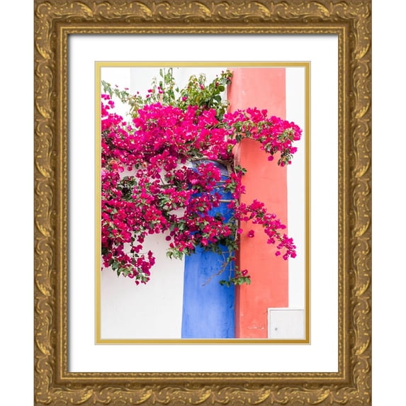 Eggers, Julie 25x32 Gold Ornate Wood Framed with Double Matting Museum Art Print Titled - Portugal-Obidos-Dark pink bougainvillea vine against a blue-orange and white striped wall