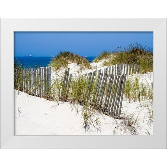 Eggers, Julie 32x25 White Modern Wood Framed Museum Art Print Titled - Portugal-Costa Nova-Beach grass-sand and old fence line at the beach resort of Costa Nova near Avei