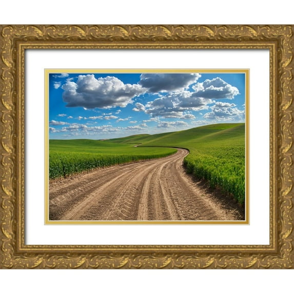 Eggers, Terry 14x12 Gold Ornate Wood Framed with Double Matting Museum Art Print Titled - USA-Washington State-Palouse-Country Backroad through Spring wheat fields