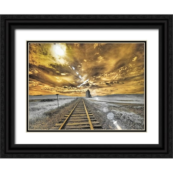 Eggers, Terry 18x15 Black Ornate Wood Framed with Double Matting Museum Art Print Titled - USA-Washington State-Palouse-Backcountry rail Road and Silo through wheat field with clouds