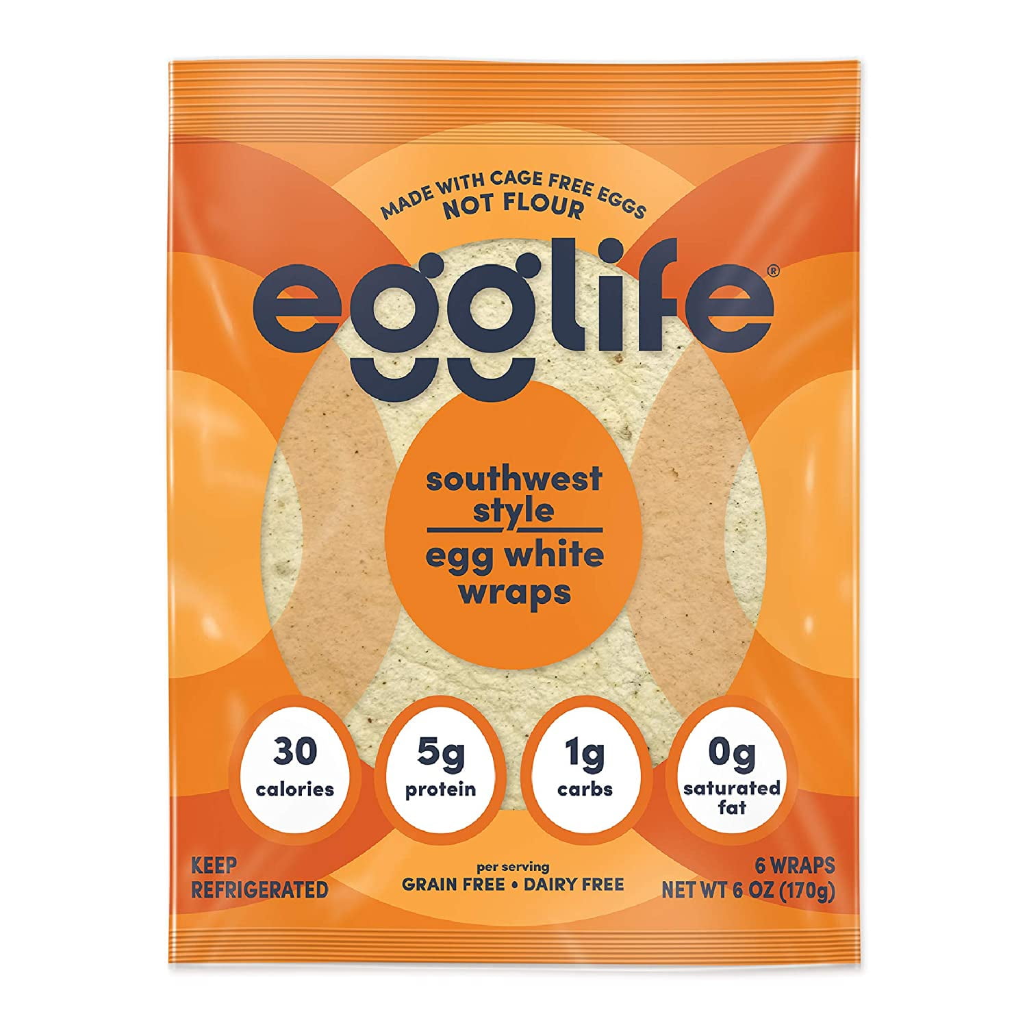 Egglife Egg White Wraps. Southwest Style, 6 wraps in each package, 12 packs