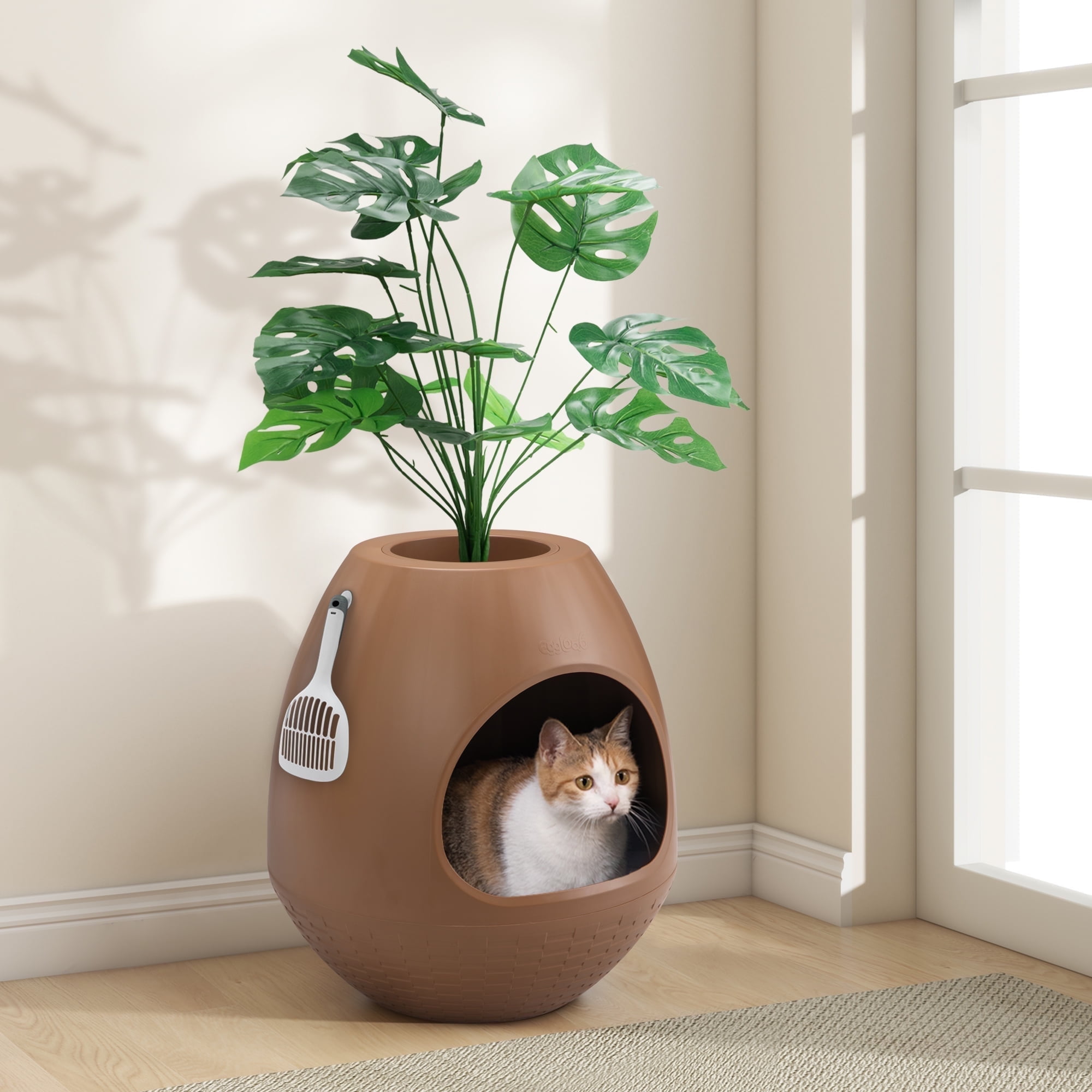 Eggloa6 Cat Plant Litter Box Set With Artificial Plants, Attached Scoop, Replaceable Litter Box Liners, Hidden Cat Litter Box Furniture, Brown