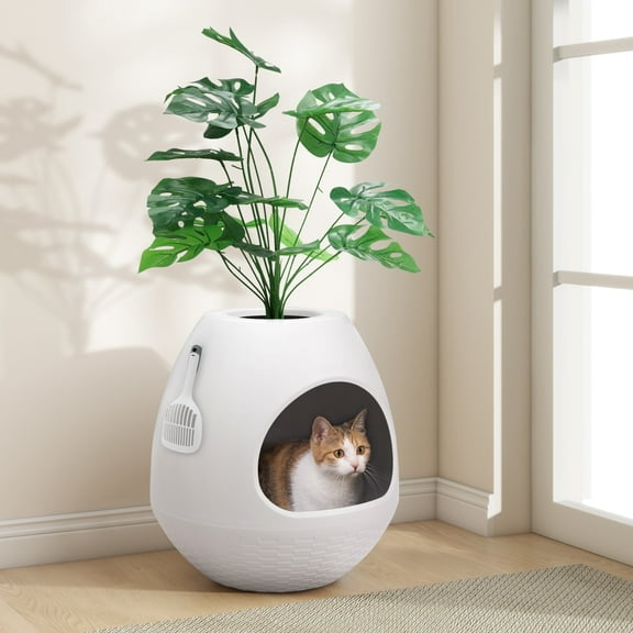 Eggloa6 Cat Plant Litter Box Set With Artificial Plants, Attached Scoop, Replaceable Litter Box Liners, Hidden Cat Litter Box Furniture, White