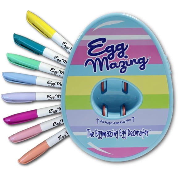 The Eggmazing Egg Decorator Easter Egg Decorator Kit - Arts and Crafts Set - Includes Egg Decorating Spinner and 8 Colorful Quick Drying Non Toxic Markers (Blue)