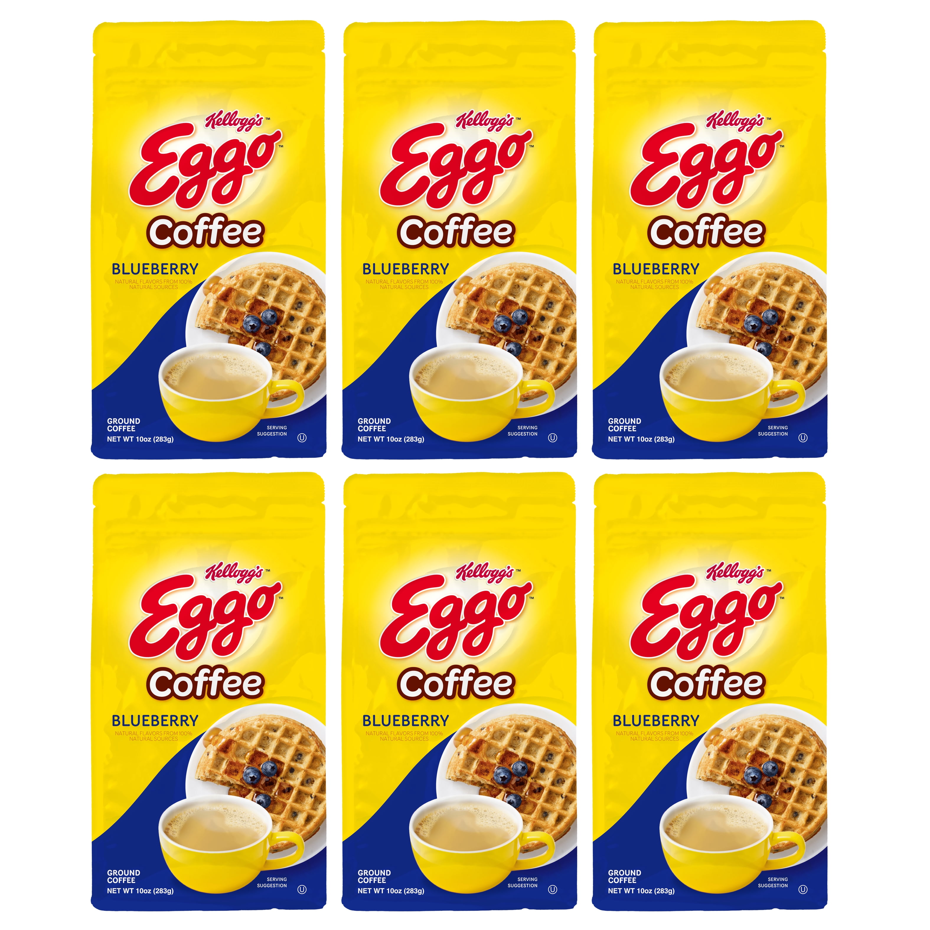 Eggo Blueberry Flavored Ground Coffee, Fair Trade Cert. 10 oz Bag, 6 pack